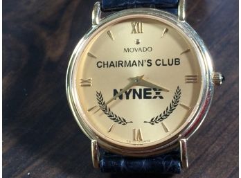 Beautiful Genuine Mens MOVADO Watch With Custom NYNEX Chairmans Club Dial - Gold Tone With Black Leather Strap