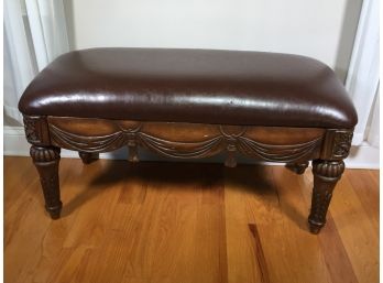 Great Looking Decorator Vintage Style Bench - With Hand Carved Swags & Tassels - With Distressed Faux Leather