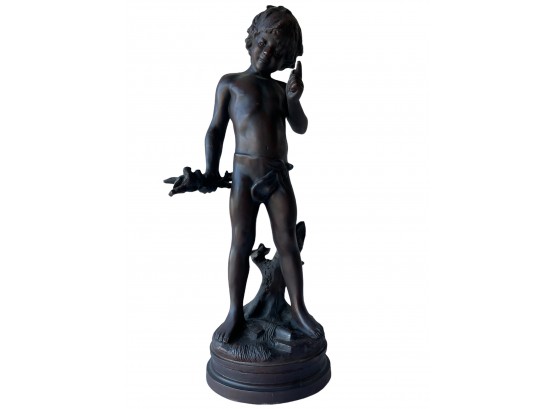 Large Antique Signed White Metal Sculpture Of Boy With Bronze Patina