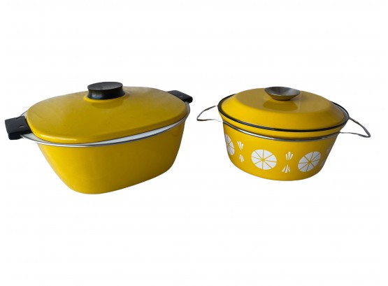 Vintage Mid-Century Modern MCM 2 Pieces Of Cathrineholm Yellow Enameled Cookware.