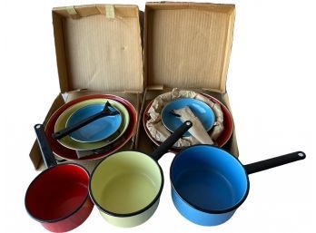 Vintage Mid-Century Modern MCM Colorful Enameled Cookware.