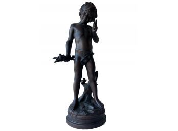 Large Antique Signed White Metal Sculpture Of Boy With Bronze Patina
