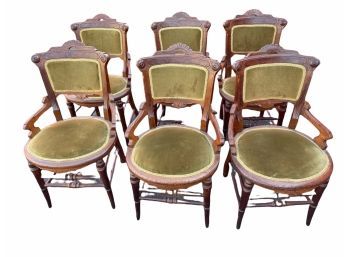 Vintage Antique Set Of 6 Victorian Eastlake Upholstered Dining Chairs.