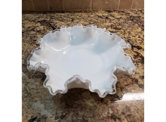 Vintage Fenton 8 Inch Round Double Crimped Bowl Silver Crest  - White & Clear Ribbon Edged Candy Bowl
