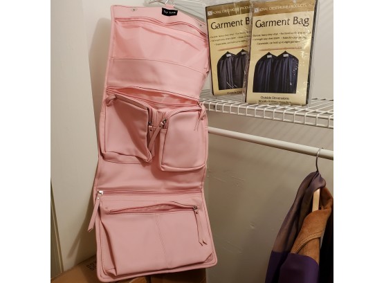 Pink Embroidered Satin Overnight Bag  With 5 Pockets! & 2 Unopened Royal Crest Garment Bags 50' X 24' X 3'