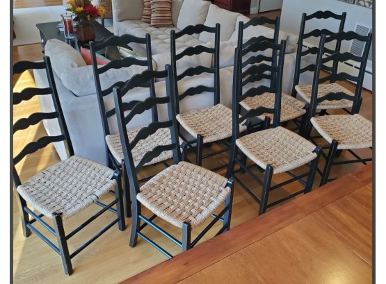 Set Of Eight Classic Ladderback & Beautiful Woven Pattern Of Natural Wicker Seats