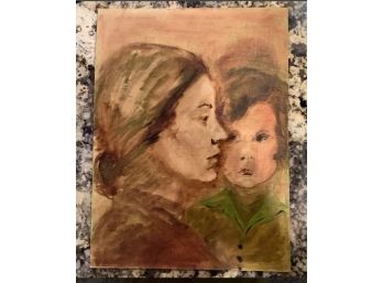 Vintage Oil Painting On Board Of Woman And Child. Framed.