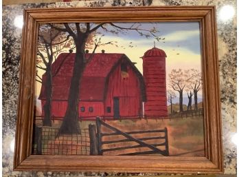 Oil Painting Of A Country Setting -  Barn And Silo. Framed. Signed Jan '75.