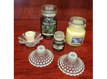 Three Yankee Candles, Two  Vintage Hob Nob Candle Holders & One Glass Flower Petal Candle Holder