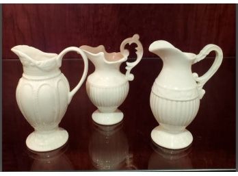 Trio Of 5' White Ceramic Pitchers With Handles