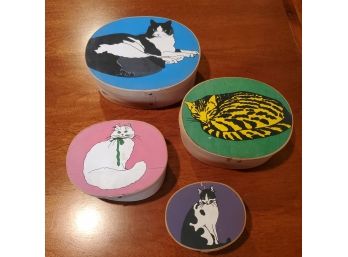 Four Painted Cat Lovers' Oval Wood Storage Boxes