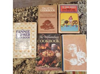 5 Vintage Cookbooks- Julia Child's Kitchen, Fannie Farmer, The Williamsburg