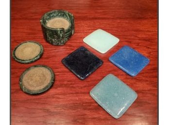 Two Sets Of Exceptional Drink Coasters- Green Marble & Multi- Colored Glass