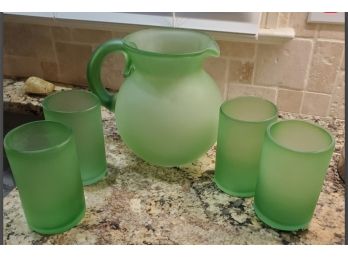 Green Frosted Hand Blown Glass Pitcher & Four Glass Set