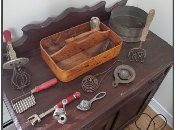 Handsome Antique Kitchen Tools In A Lovely Wood Carrying Box