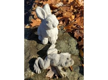 Two Too Cute Cement Garden Statuary - Vintage Rabbit & Frog