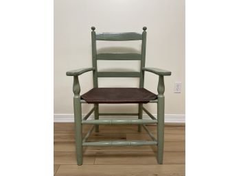 Lovely Antique Green Ladder Back Chair With A Brown Leather Seat
