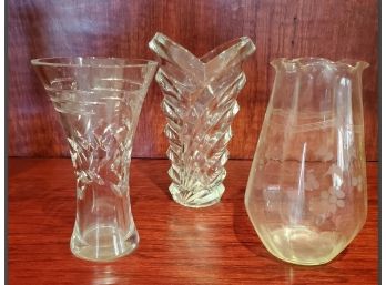 Three Beatiful Flower Vases - Cut Glass, Etched Glass & A Thick Mikasa Swirls
