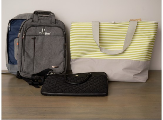 Two Back Packs Nylon Briefcase And A Yellow Stripe Beach Bag