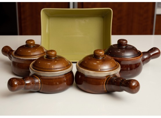 Four Soup Crocks And Rectangular Ceramic Pan