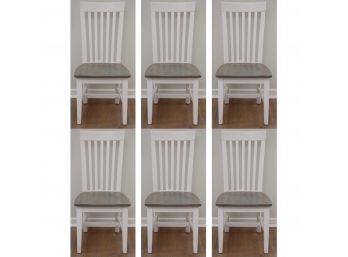 Set Of 6 White Wooden Dining Chairs With Gray Finish Seats