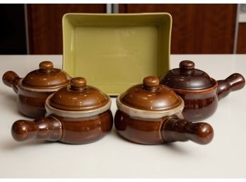 Four Soup Crocks And Rectangular Ceramic Pan
