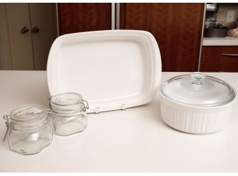 White Corning Ware Casseroles & Lidded Glass Jars