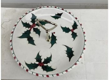 Mid Century Lefton China 9.5 Holly Candy Cane Tidbit/pastry Server Hand Decorated
