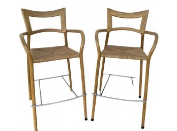 Pair Of Vintage Wood And Natural Cord  Bar Height Chairs With Arms Rare Find!