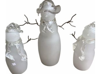 Three Frosted Acrylic Snowmen Statues With Magnetized Arms