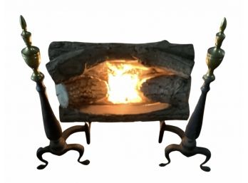 Vintage Black Andirons With Brass Tops And Realistic Electric Fire