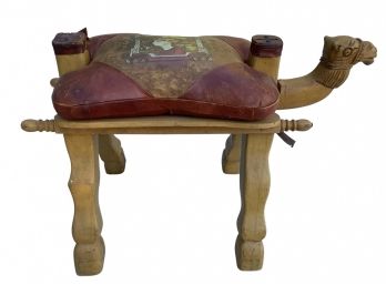 1970s  Camel Saddle Footstool Hand Carved Camel Head With Leather Seat
