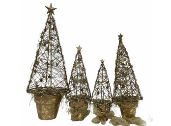 Four Vintage Gold Spiral Wire Christmas Trees With Rust Ceramic Pots