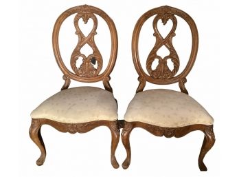Pair Of Antique Queen Anne Style Beautifully Carved Wooden Oval Back Side Chairs