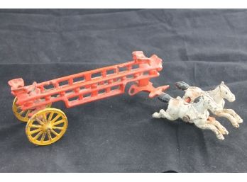Old 12 Inch Cast Iron Fireman Fire Wagon Toy With Horses