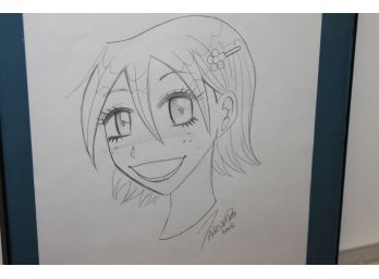 Japanese Anime Artist Signed Pencil Drawing In Frame