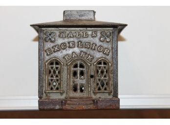 Antique Original 1800s HALLS EXCELSIOR BANK Mechanical Cast Iron Toy