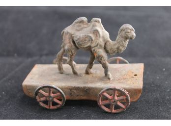 VERY EARLY Unusual Antique CAMEL Tin And Iron Small Penny Toy Figure On Cart