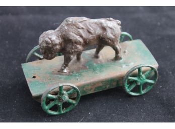 VERY EARLY Unusual Antique BUFFALO Tin And Iron Small Penny Toy Figure On Cart