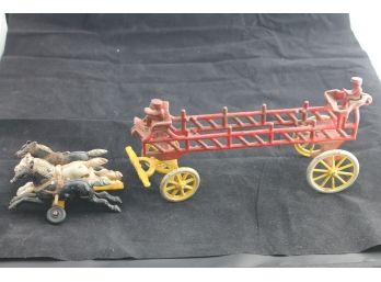 Old 15 Inch Cast Iron Toy Fire Wagon With Fireman Figures AS-IS