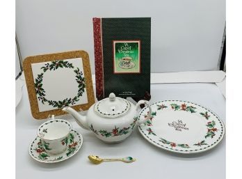 A Cup Of Christmas Tea Set, Including Plate, Tea Kettle And Teacup/saucer, Trivet, Book, Tea And Teaspoon