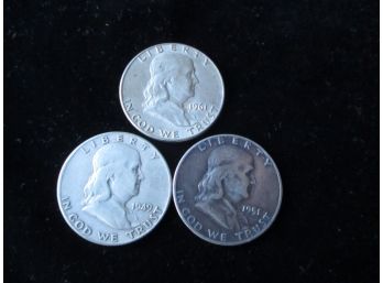 3 U.S. Franklin Silver Half Dollars, 1949 D, 51 D, 61 D