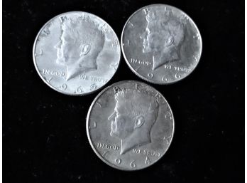 3 U.S. Kennedy Silver Half Dollars, 1964, 65, 66