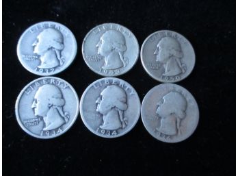 6 U.S. Washington Silver Quarters, 1934-50