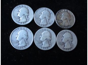 6 U.S. Washington Silver Quarters, 1934-62