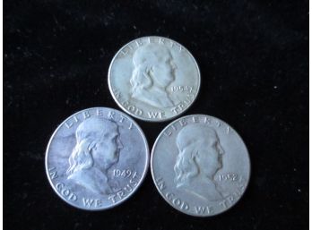 3 U.S. Franklin Silver Half Dollars, 1949, 52 S, 54 S