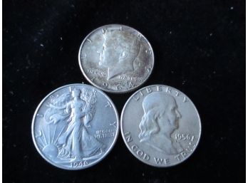3 U.S. Half Dollars:  1946 S Walking Liberty, 1956 Franklin, 1964 Kennedy, Silver