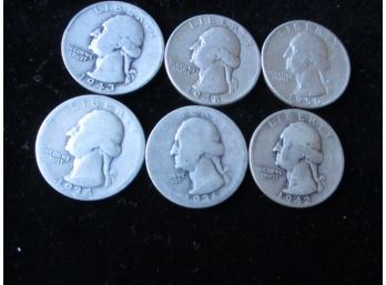 6 U.S. Washington Silver Quarters, 1934-50