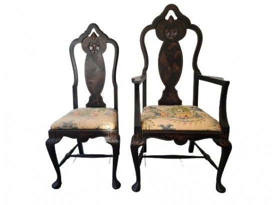 King And Queen Black Lacquer Hand Painted Asian Chairs
