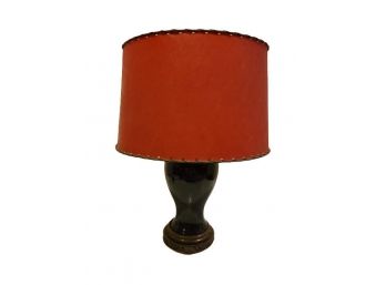 Red Lampshade & Black Ceramic Lamp With Brass Bottom